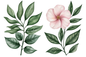 Two flowers with green leaves, isolated