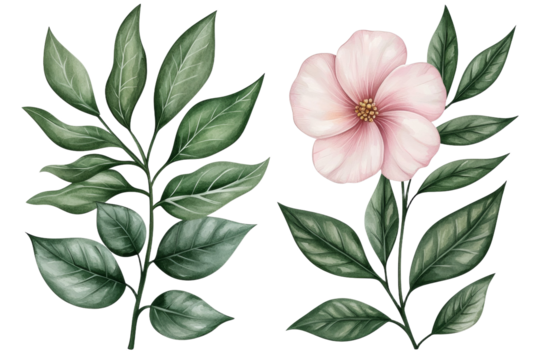 Two flowers with green leaves, isolated