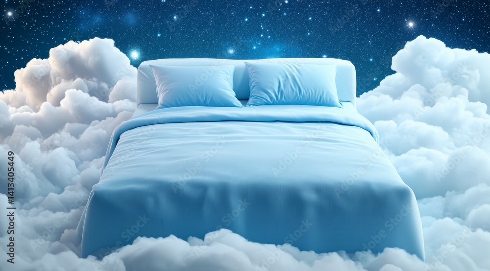 Poster bed is floating in the clouds with pillows and a blanket