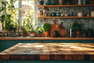 A kitchen with a wooden countertop and a blue wall