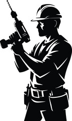 Worker Holding Drill Silhouette Set | Power Tool Line Art  Builder with Drill Silhouette | Construction Worker Vector Art