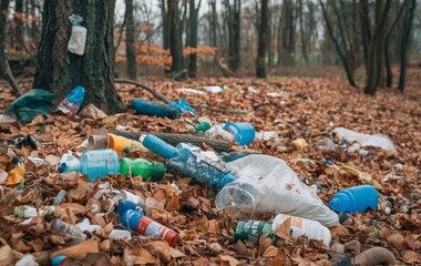 Obraz premium A forest with trash and plastics scattered on the ground