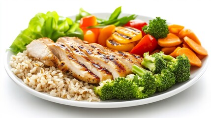 Healthy post workout meal featuring grilled chicken brown rice steamed vegetables presented on a clean plate Soft lighting enhances the nutritious nature of the meal High detail photo realistic colors