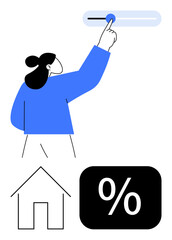 Person moving slider to adjust percentage, house outline, and percentage icon. Ideal for finance, housing, mortgage, real estate, budgeting decision-making investment concepts. Flat simple metaphor