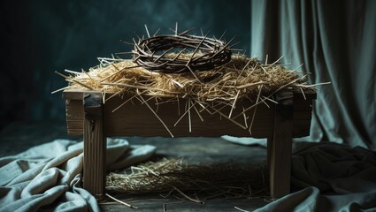 The narrative of Christmas symbolized by a manger and a crown.