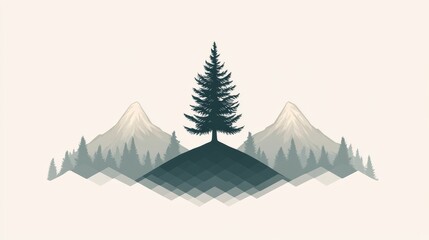 Obraz premium Minimalistic background featuring a stylized tree accompanied by geometric mountains