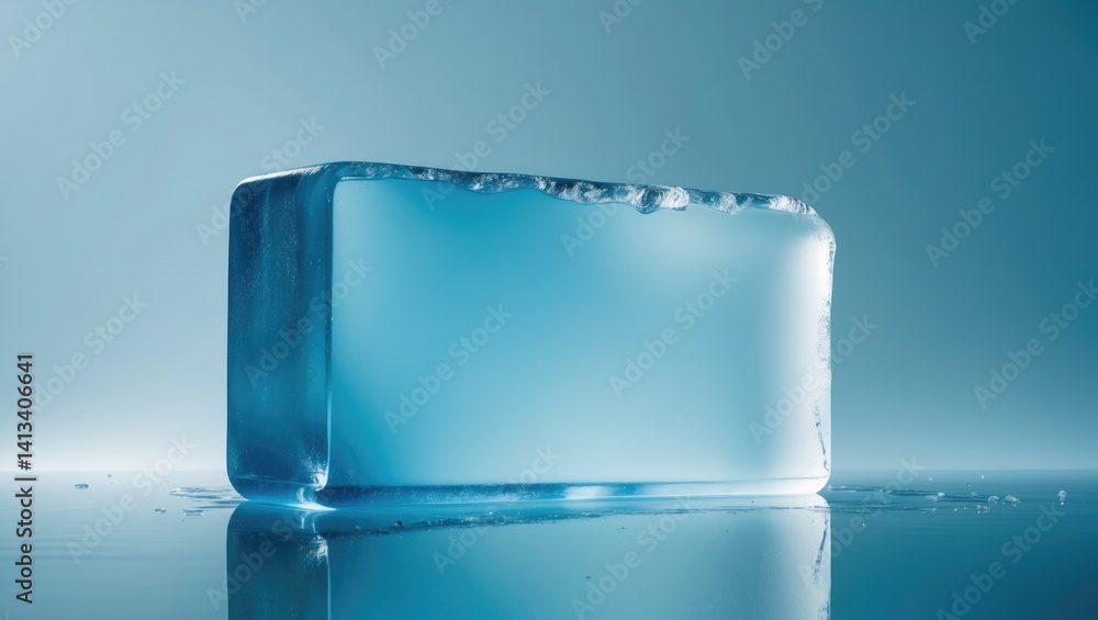 Poster the clear rectangular ice block in cool blue shades on a reflective surface.