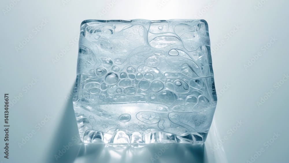 Poster a transparent rectangular block of ice with bubbles set against a white background.