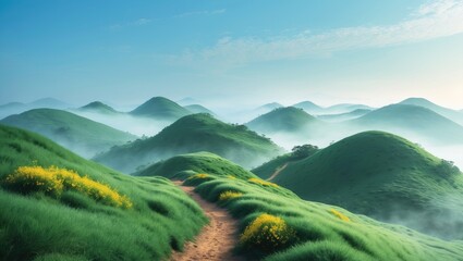 The mountain consists of a collection of solitary islands set against a white backdrop with a pathway.