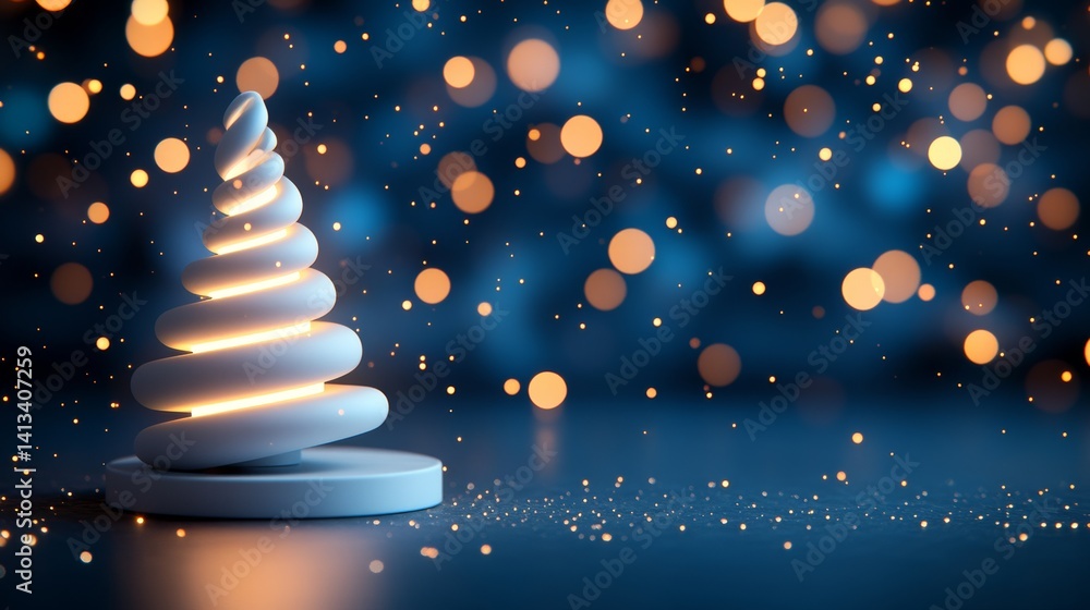 Aufkleber christmas tree adorned with spiral lights set against a bokeh backdrop in a minimalist style