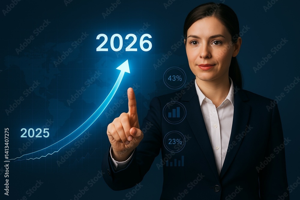 Poster female analyst predicting 2026 growth with interactive data visualization
