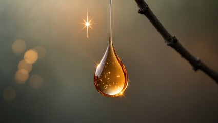 A beam of light focused on the star inside a drooping droplet of resin
