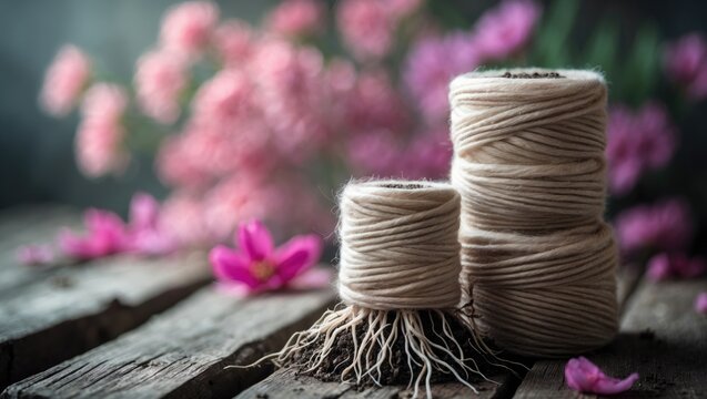 Configuration of the positioning of flower roots. Floriculture. Flower seedlings featuring roots in a circular growth pattern, set for planting on a wooden backdrop.