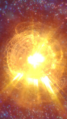 Fiery explosion with golden light particles spreading in a cosmic space. Dramatic burst of energy and heat