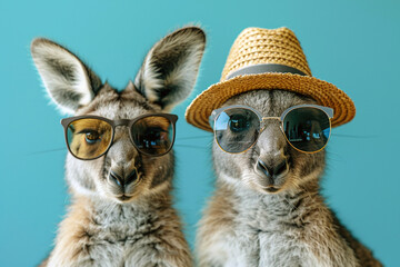 Funny kangaroos family wearing sunglasses and hat on blue background. Two happy kangaroos ready for summer trip. Travel kangaroos concept