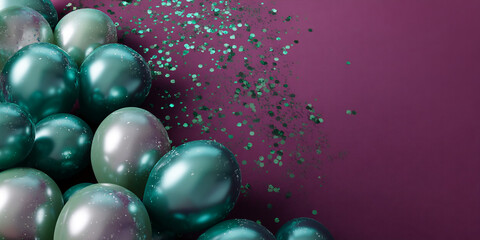 Fototapeta premium Cluster of metallic teal and grey balloons with green glitter on purple background Free space for text or design, ideal for festive or celebratory mockup