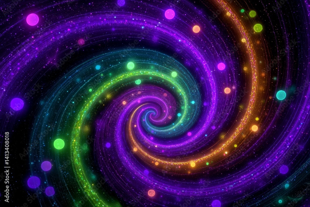 Poster a colorful spiral with many dots in it