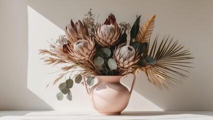 Elegant arrangement of dried flowers in a trendy vase, showcasing King Proteas, Banksia, Eucalyptus leaves, and a golden Palm frond on a white surface.