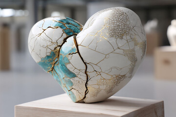 Cracked ceramic heart sculpture, white with teal and gold accents, displayed on wooden pedestal, symbolizes fragility and resilience, showcases artistry
