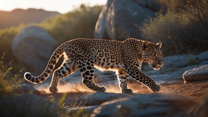 Fototapeta premium Sunshine on a leopard's face; leopard walking on rocky terrain in sunlight; leopard's distinctive spot design; feline moving with grace in the sun