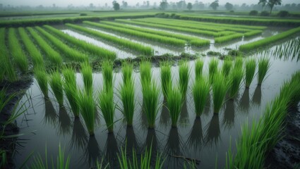 The waterlogged paddy area with newly inserted juvenile rice plants