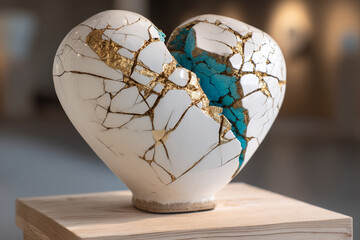 White heart sculpture, cracked with gold and turquoise accents, displayed on a light wood pedestal, symbolizing fragility, resilience, or mending a broken heart.  Showcase, art piece