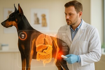 Caucasian male veterinarian analyzing digestive system of doberman using augmented reality technology