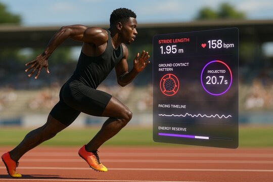 African male sprinter in action with fitness metrics overlay on track