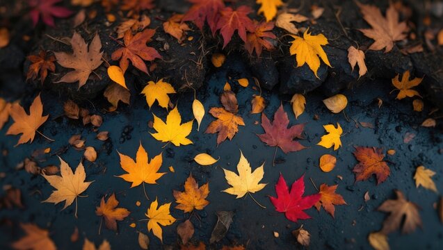 Crimson and golden autumn foliage gracefully drifts down, enveloping the earth in a bright, colorful design.
