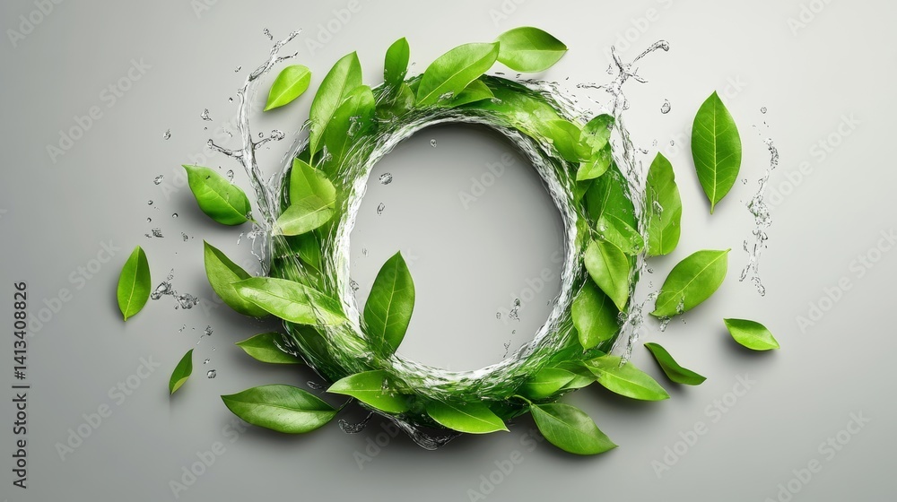 Poster water is splashed into by green leaves that encircle a ring with a textured surface