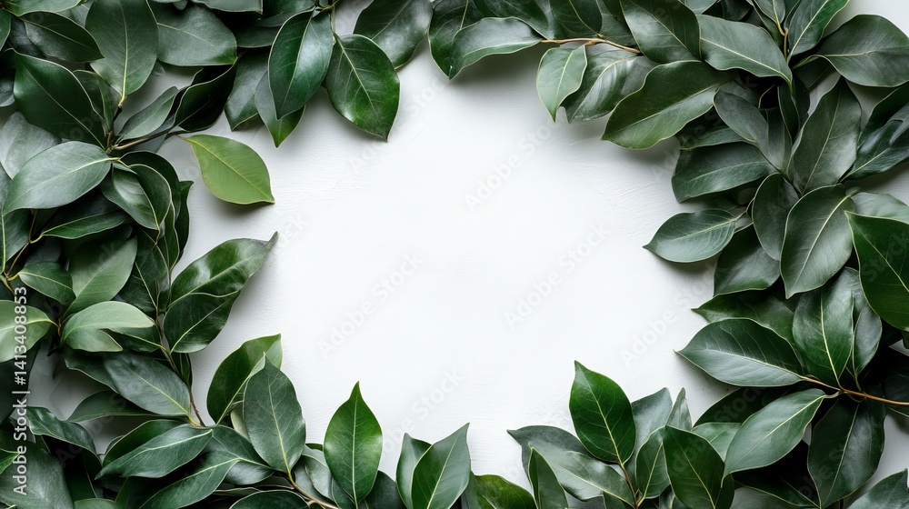Poster green leaves are arranged in a circular pattern on a white background