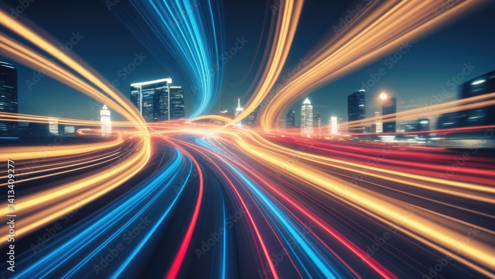Poster motion blur of speed light line on dark background, simulating data transfer
