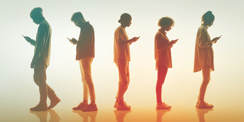 Silhouettes of diverse young adults using smartphones, standing in a row against a light background, showcasing modern communication and social media usage