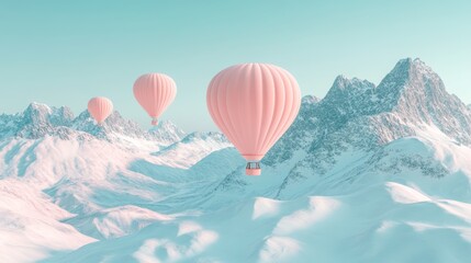 Obraz premium A minimalist depiction features a hot air balloon with bright colors soaring over snowcapped mountains