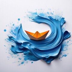 Orange paper boat on blue paint splash background: creative art concept