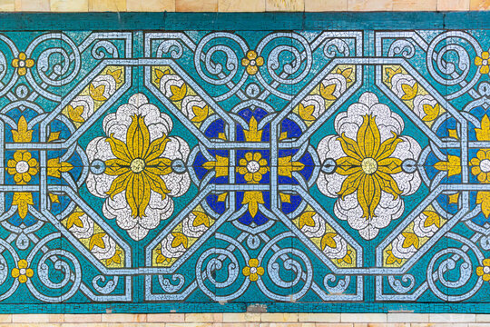 Tashkent, Uzbekistan, Central Asia. Decorative tile work in a Tashkent subway station.