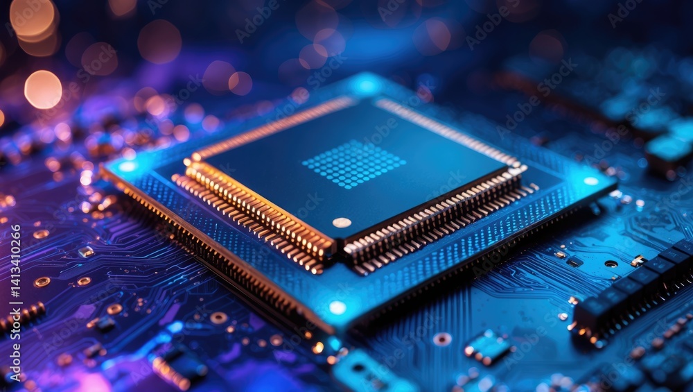 Poster desktop cpu positioned with contacts upwards on the motherboard, illuminated by blue light. tech bac