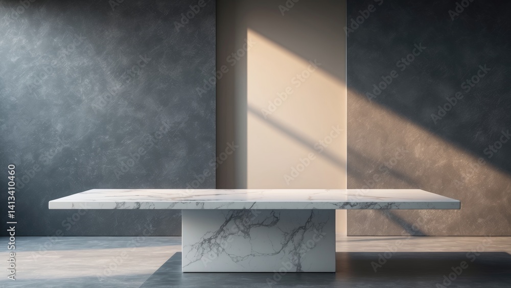Poster textured marble table background with light beam and shadow, ideal for product presentation backdrop