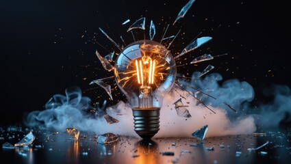 Celestial detonation of a glowing light bulb with airborne fragments of broken glass and smoke on a pure black background. Conceptual art of the universe, cosmos, and starry sky.