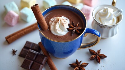Cinnamon and star anise spiced hot chocolate in a blue mug against a white background. Comforting drink.