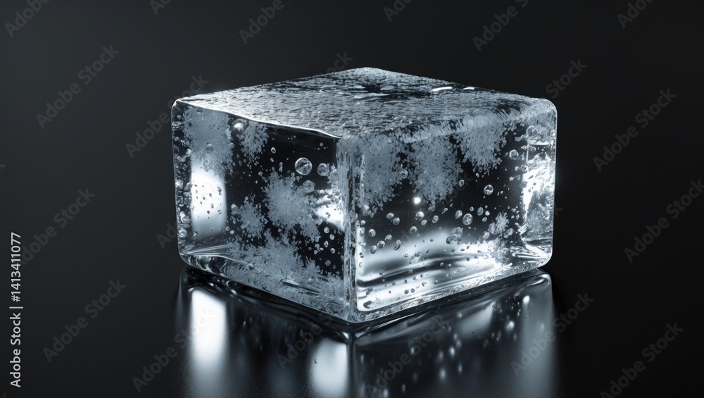 Poster isolated rectangular ice block with texture on a black background, clipping path provided.