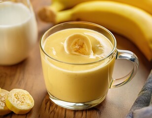 Creamy banana smoothie in glass mug with fresh bananas and milk