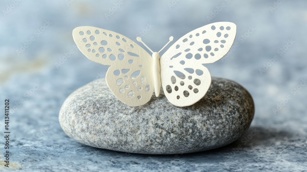 Poster a minimalist setting features a white butterfly resting on a smooth gray stone