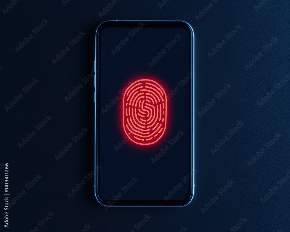 Poster a smartphone displays a glowing red fingerprint sensor on a dark background, symbolizing biometric s