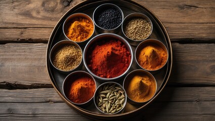 Masala dabba with seven compartments on a weathered wooden table. Bird's eye view.