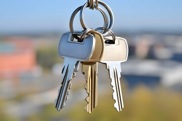 Three Keys on Ring Cityscape Background Real Estate Concept
