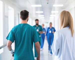 Obraz premium A group of healthcare professionals walking down a hospital corridor, dressed in scrubs and lab coats, showcasing teamwork in a clinical setting.