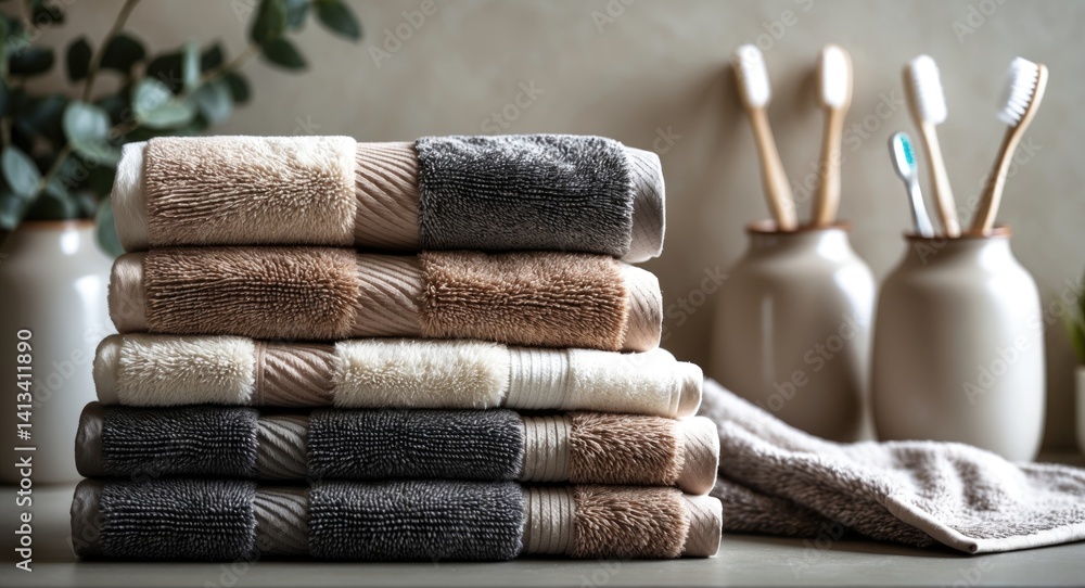 Poster piled clean towels in a folded stack.