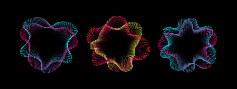 A set of multicolored neon sound waves. Sound doots lines, radial spectrum, . Colorful equalizer background. Colorful cover for music poster and banner. Vector radial spectrum.