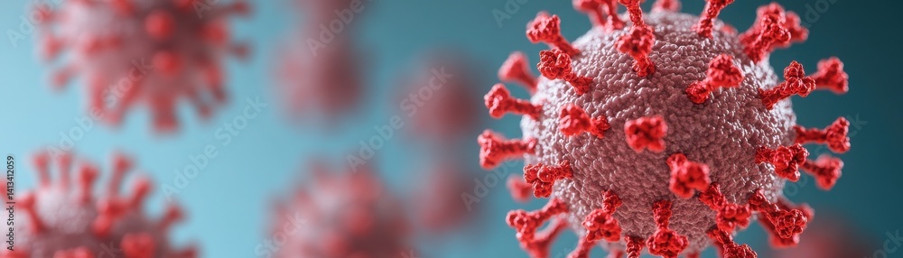 Poster a detailed microscopic view of a virus, showcasing its structure with spikes, emphasizing its intric